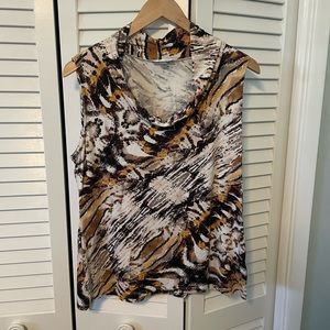 EUC! Tahari abstract animal print cowl neck blouse; size Large